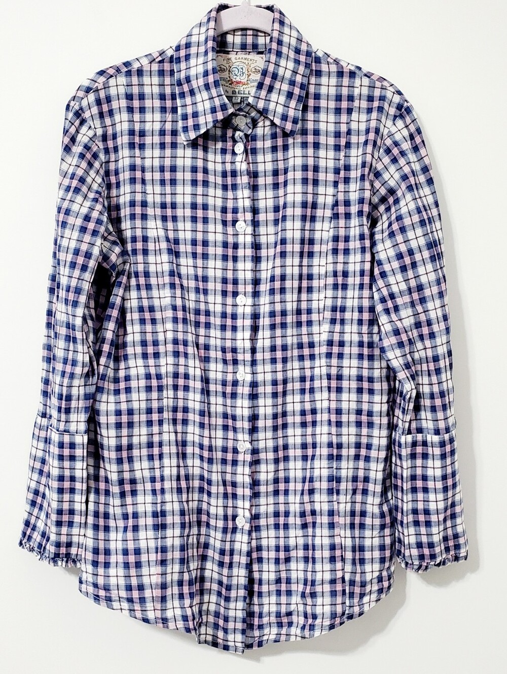Fine Garments By Bell Womens Blue Pink Plaid Blouse Size 12